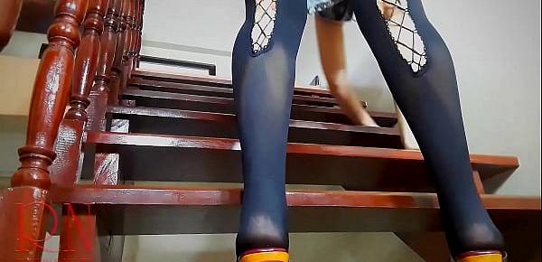  Maid is cleaning the hotel. Bitch washes floor and stairs. Slut spreads her legs on the stairs.